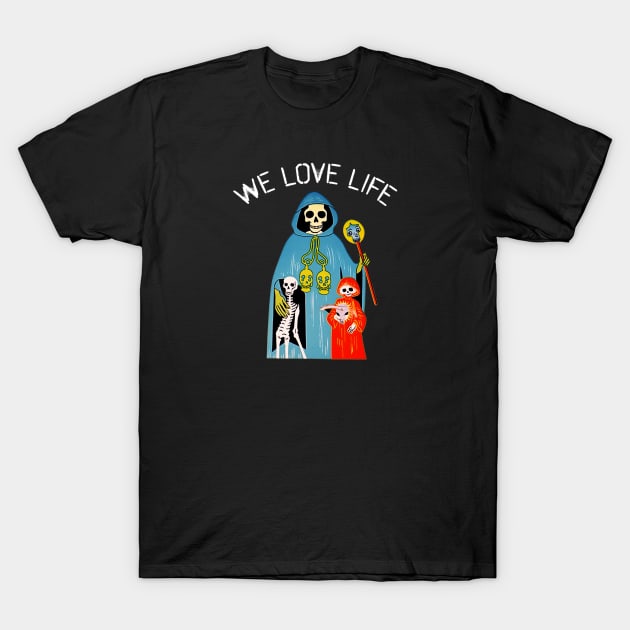 A Chilling Family Portrait with the Grim Reaper (White Text) T-Shirt by kingkongmatsing